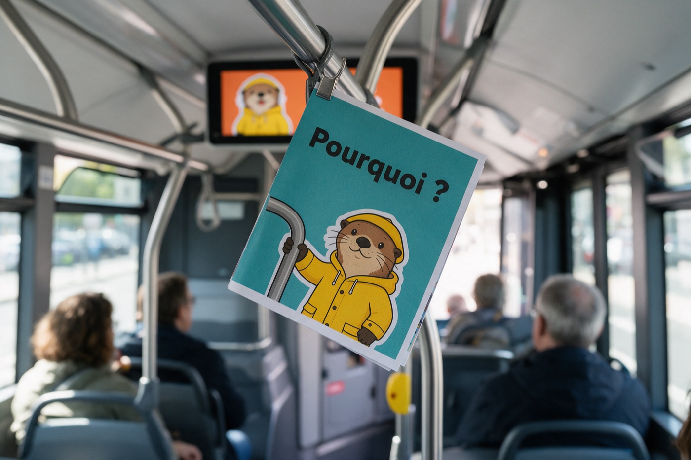 Flyer drapeau accroché à une barre dans un bus : « Pourquoi ? », et l'écran embarqué derrière