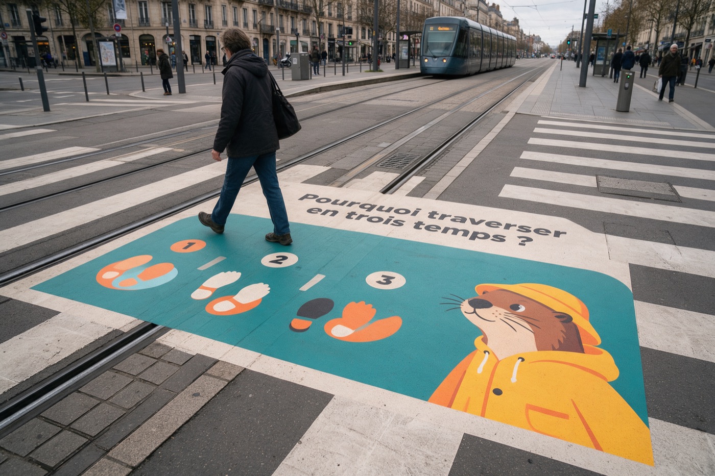 Graphisme au sol à une traversée de voies de tram : « Pourquoi traverser en trois temps ? »